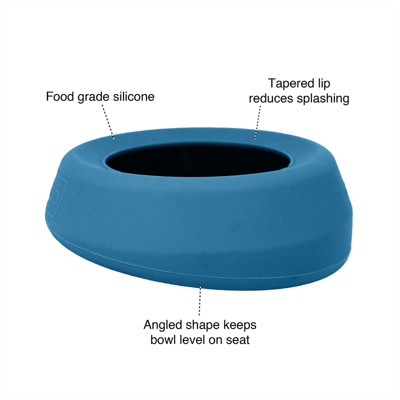 food grade silicone / tapered lip reduces splashing / angled shape keeps bowl level on seat.