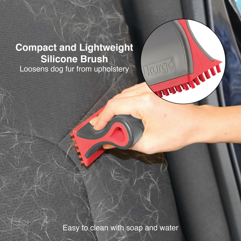 compact and lightweight silicone brush loosens dog fur from upholstery.  Easy to clean with soap and water.