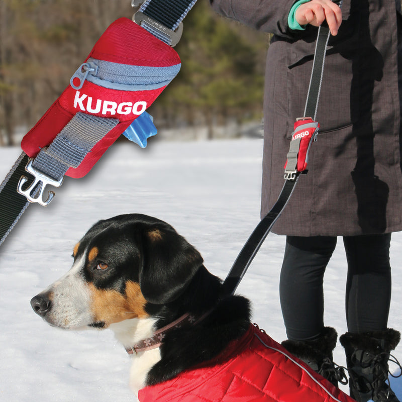 Kurgo Duty Bag, Refillable Dog Poop Bag Dispenser shown attached to leash