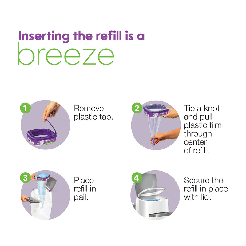 Inserting the refill is a breeze.  1. Remove plastic tab.  2. Tie a knot and pull plastic film through center of refill.  3.  Place refill in pail.  4. Secure the refill in place with lid.