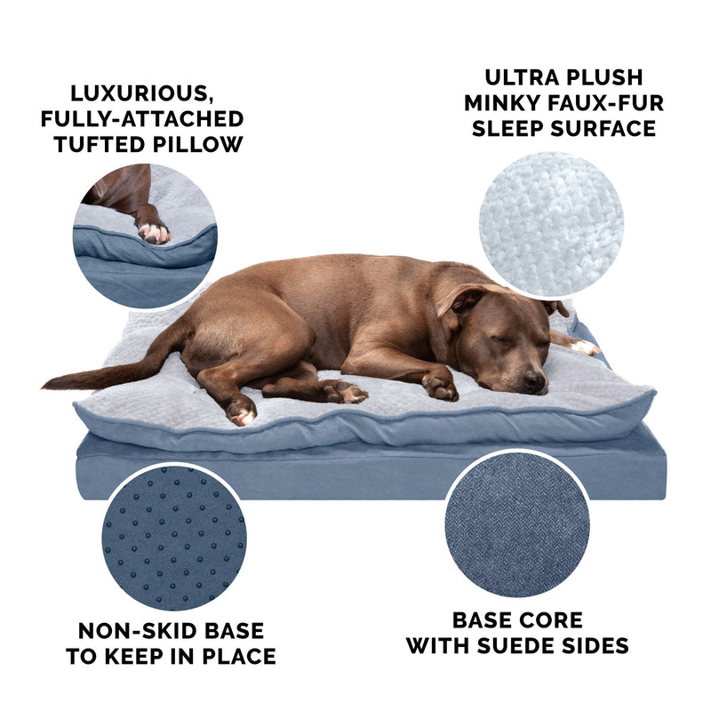 FurHaven Minky Faux Fur & Suede Pillow-Top Orthopedic Dog Bed - Medium, Stonewash Blue